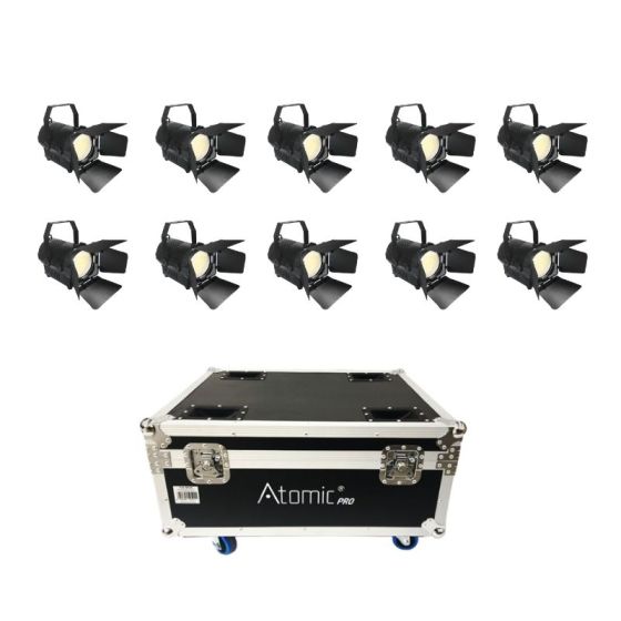 Set of 10 Atomic Pro Fenice 50Cob warm white theater lights with Flight Case